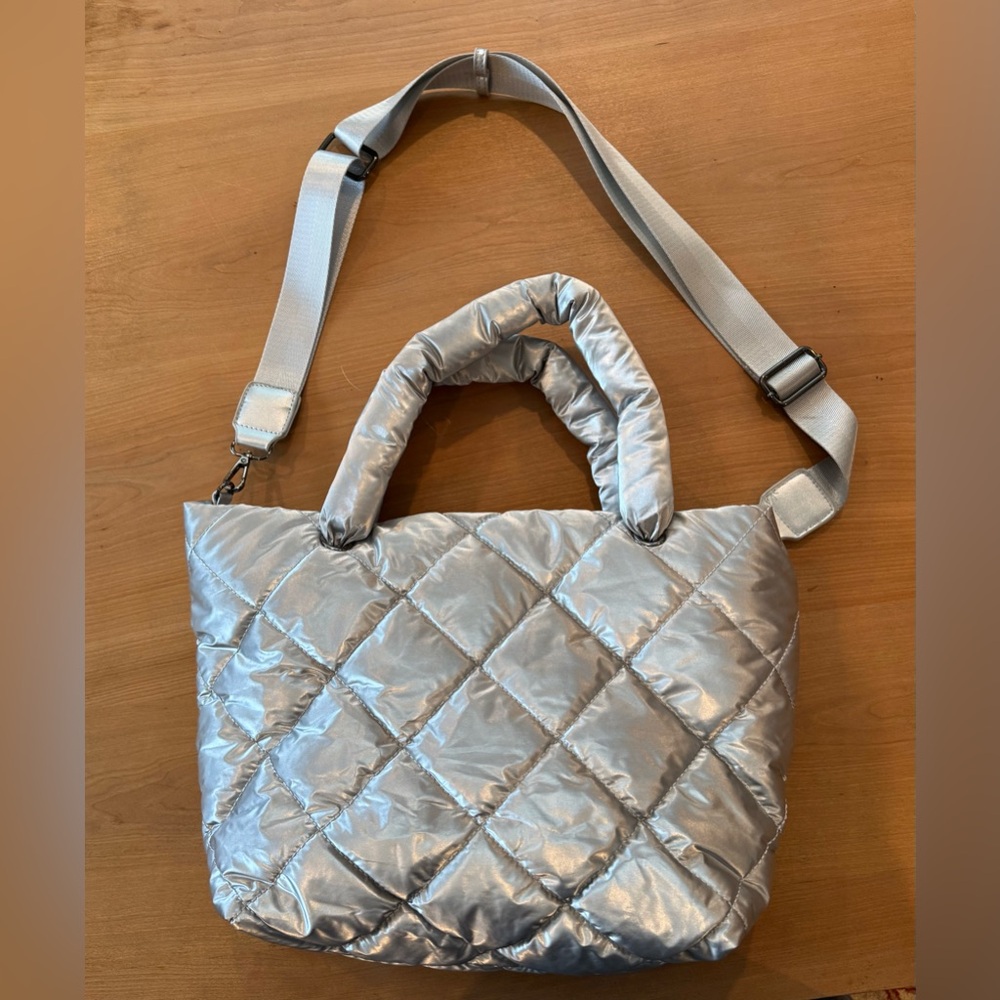 Hello 3am metallic silver quilted puffer purse Crossbody 16” tote bag new